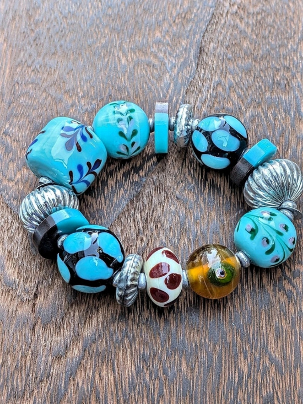 Chunky Artisan Ceramic & Lampwork Glass Beaded Stretch Bracelet Boho Turquoise